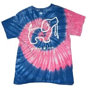 Puppie Love Tie Dyed T Shirt Women's Medium Pink Blue Summer Beach Vacation